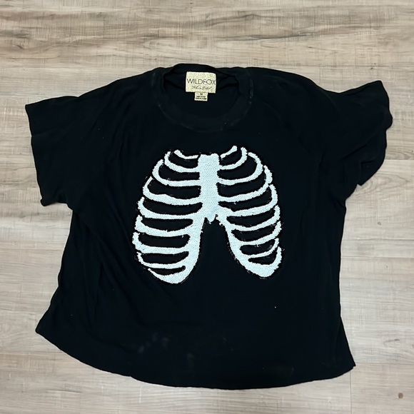 Rare Wildfox Couture Black Halloween Sequin Skull & Bones Ribs Knit T Shirt Top - Picture 4 of 8